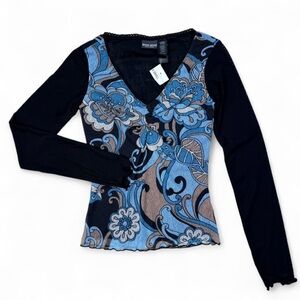 Y2K Bisou Bisou Black and Blue Floral Mesh Long Sleeve Top NWT
